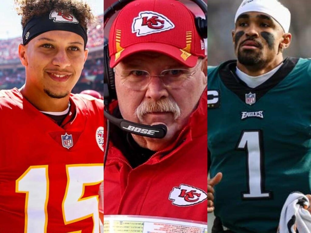 Patrick Mahomes, Andy Reid, and Jalen Hurts