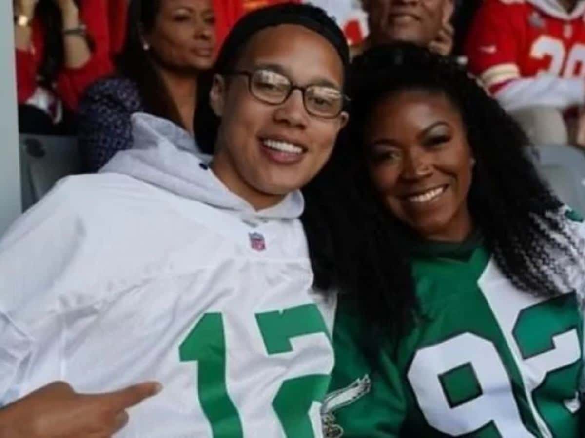 Brittney Griner in attendance wearing Eagles jersey with wife Cherelle at Super Bowl LVII, making third-time public appearance following US return