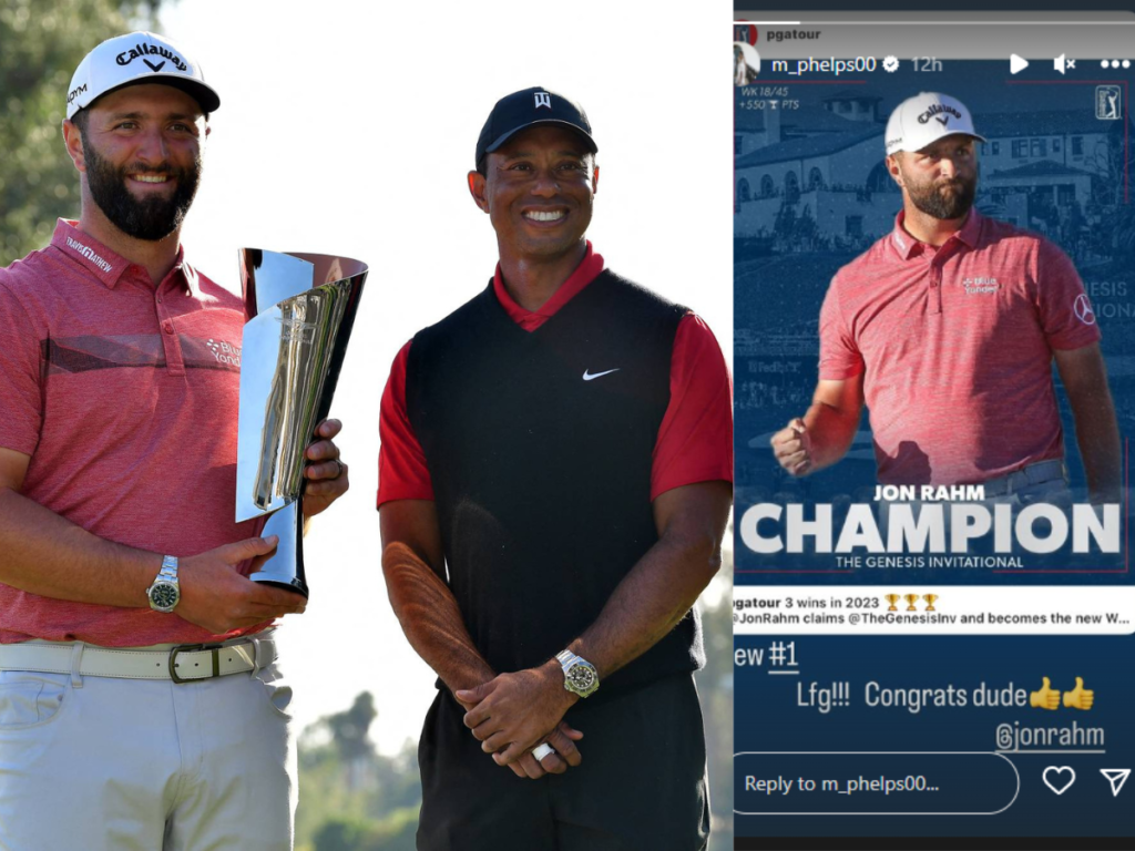 Tiger Woods and Michael Phelps congratulate Jon Rahm [Image Credit: The Japan Times/Instagram]