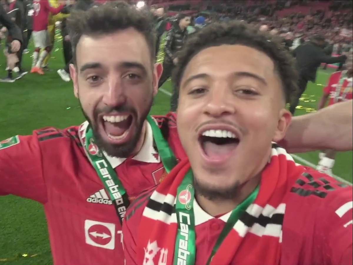 WATCH: “Next time you pass,” Jadon Sancho jokes with Manchester United star Bruno Fernandes during Carabao Cup celebrations