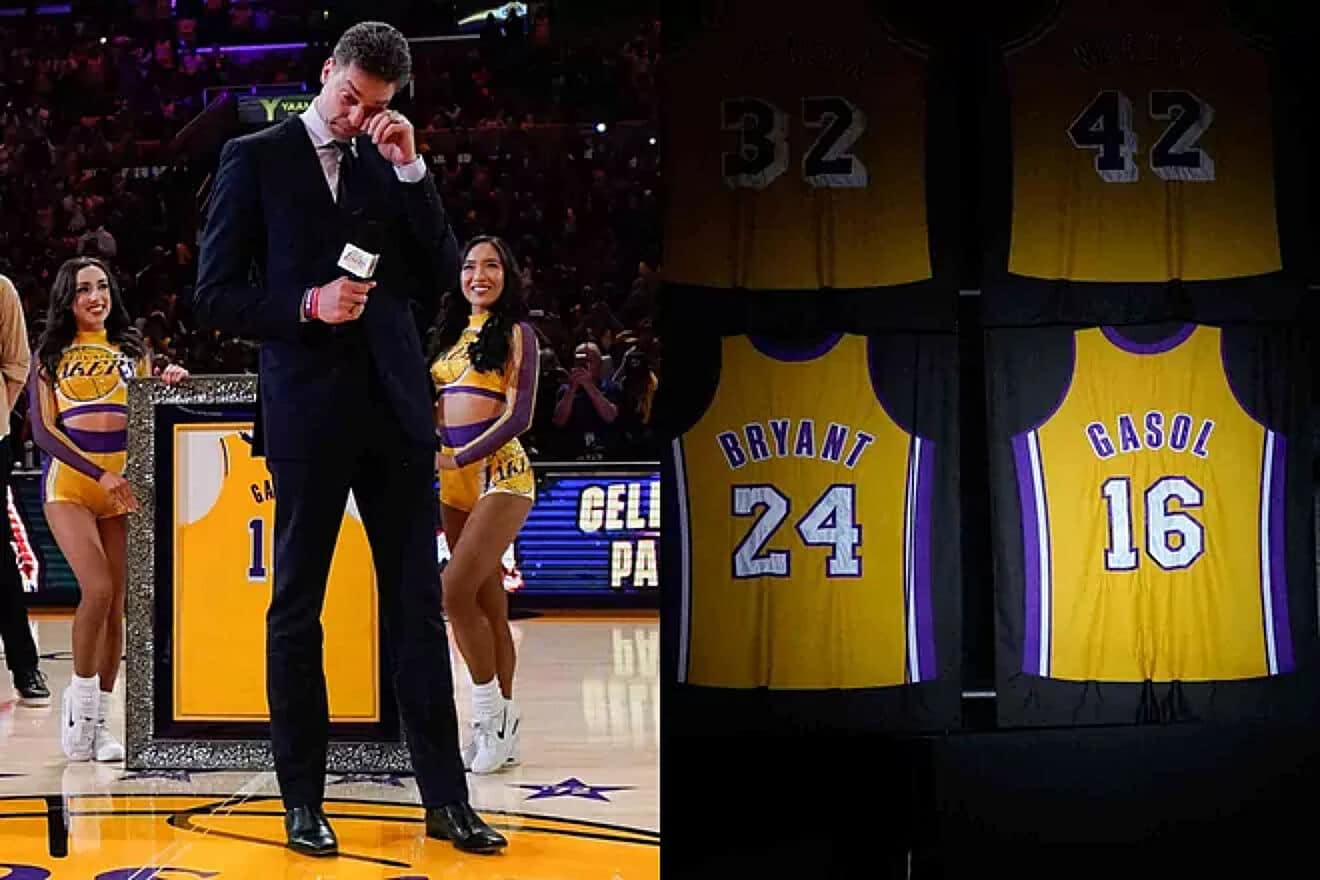 WATCH: Pau Gasol gets emotional after seeing his Lakers #16 jersey along with Kobe Bryant