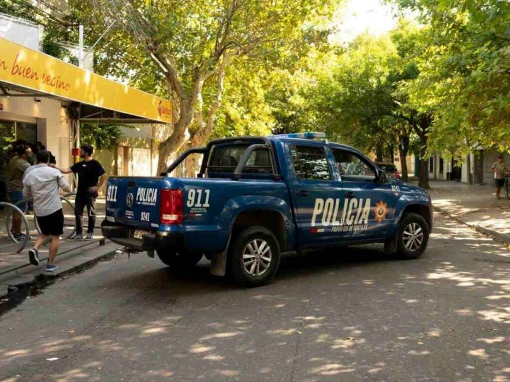 Police truck outside family store