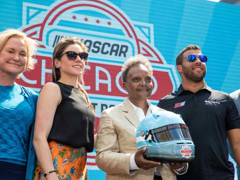 Lori Lightfoot, Bubba Wallace and during the 2023 Chicago Street Race announcement