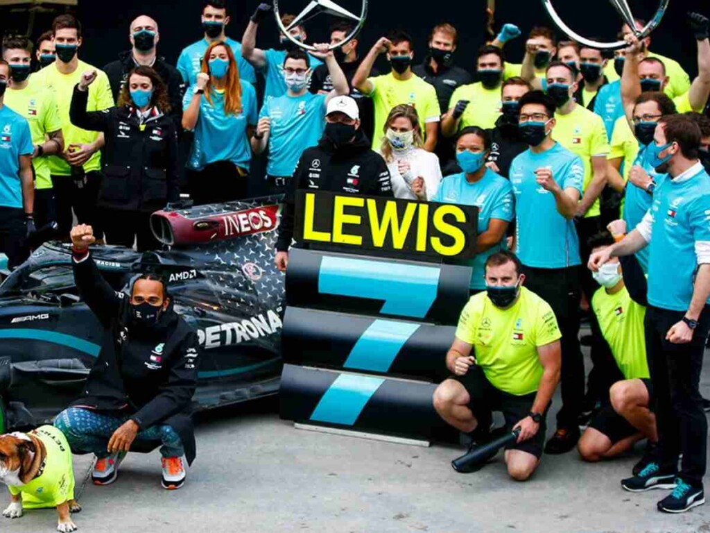 Lewis Hamilton with Mercedes after winning his seventh title 