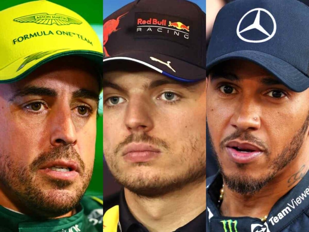 Aston Martin driver Fernando Alonso (L) | Red Bull driver Max Verstappen (C) | Mercedes driver Lewis Hamilton (R)