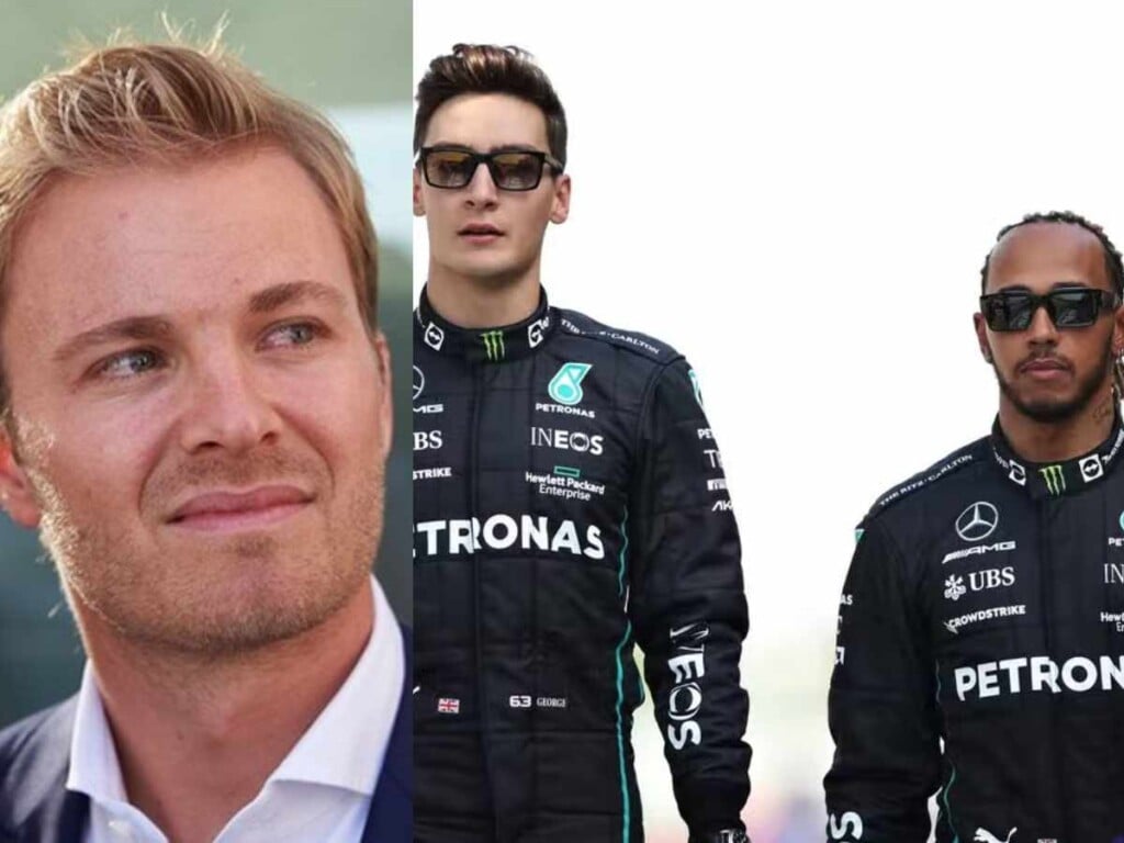 Nico Rosberg(L) and Mercedes drivers George Russell and Lewis Hamilton