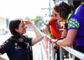 Hannah Schmitz talking to an engineer from the W Series