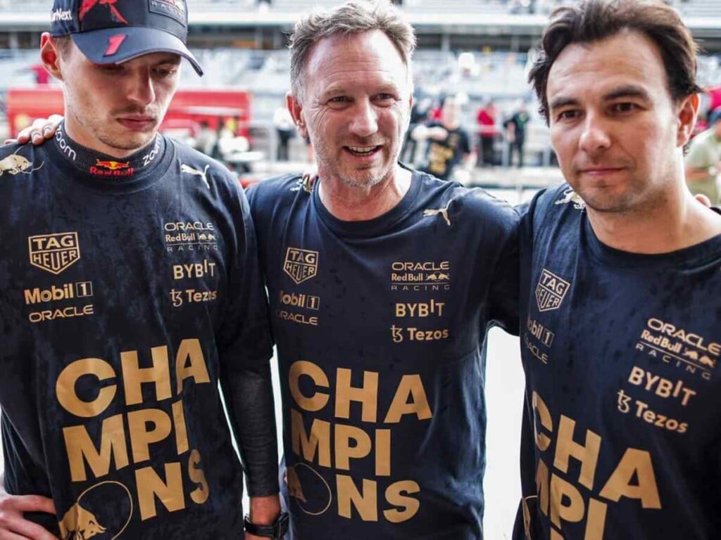 Max Verstappen, Chrsitan Horner and Sergio Perez