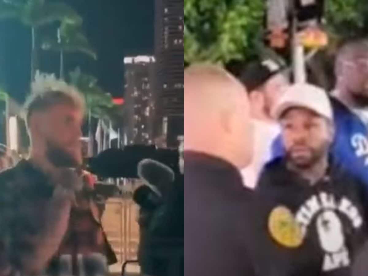 “That’s Usain Bolt” – Twitter clowns Jake Paul for running as Floyd Mayweather and ’50 dudes’ jump the fighter after Miami Heat game