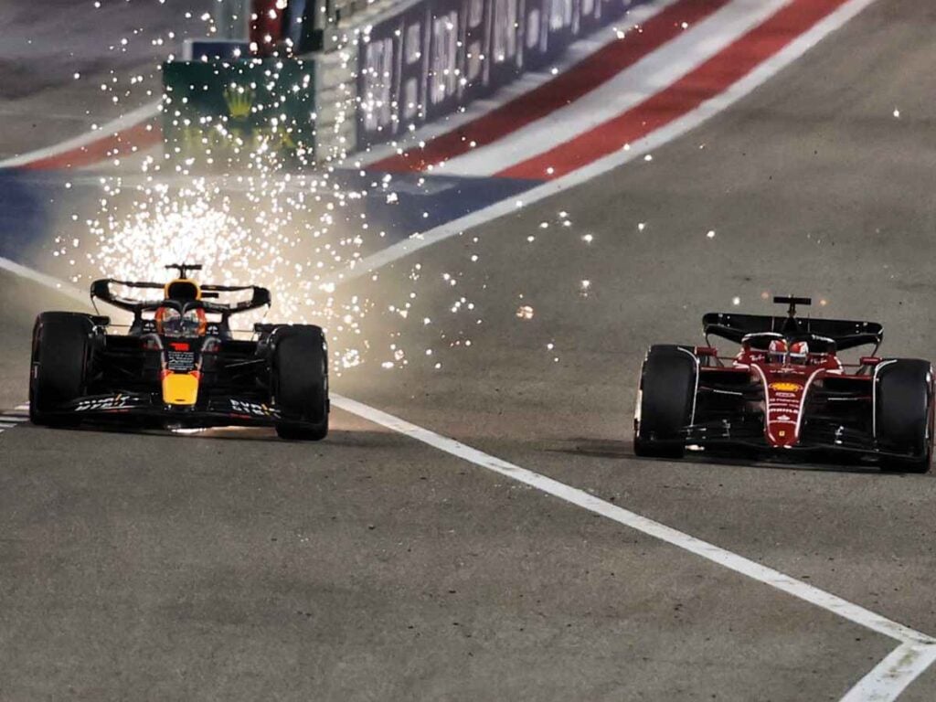 The Bahrain International Circuit has three DRS zones (Pictured: Charles Leclerc and Max Verstappen's DRS battle from the 2022 Bahrain GP)