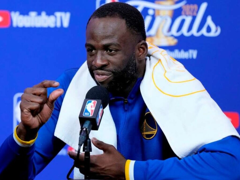 Warriors forward Draymond Green speaks after Game 5 of last summer's NBA Finals. (Via Thearon W. Henderson/Getty Images)