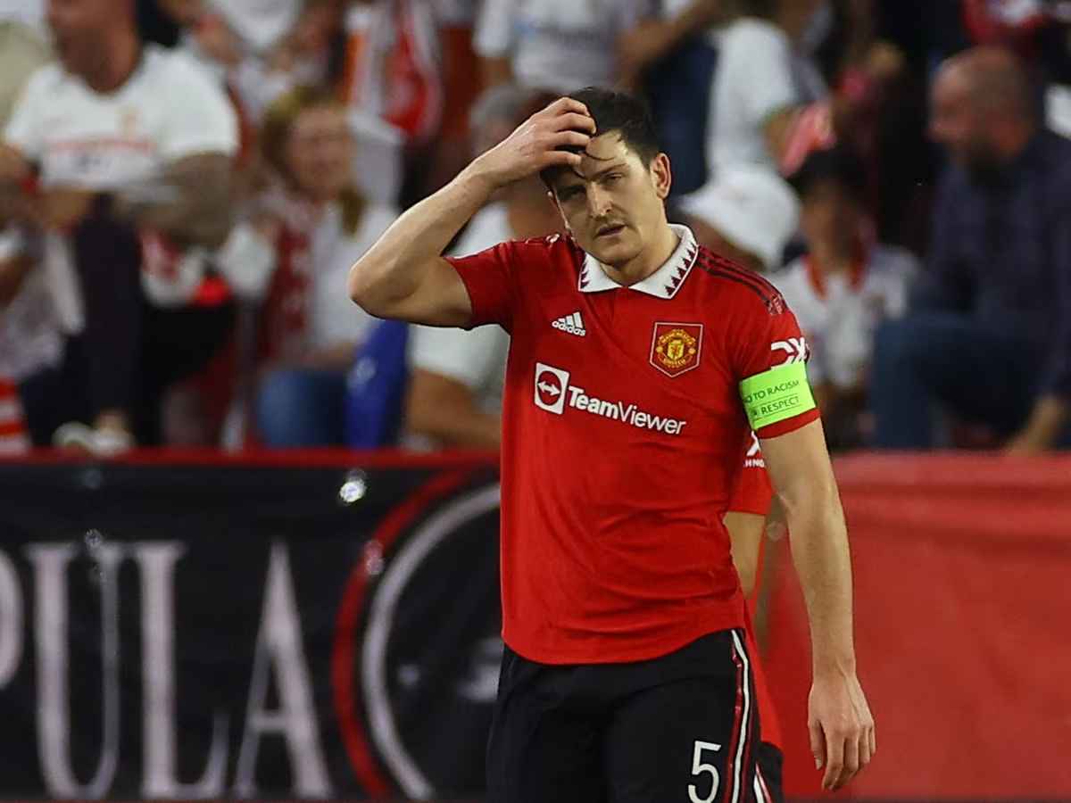 “Horror show; A disaster”- Fans crucify Harry Maguire as Manchester United concede from his error against Sevilla in Europa League