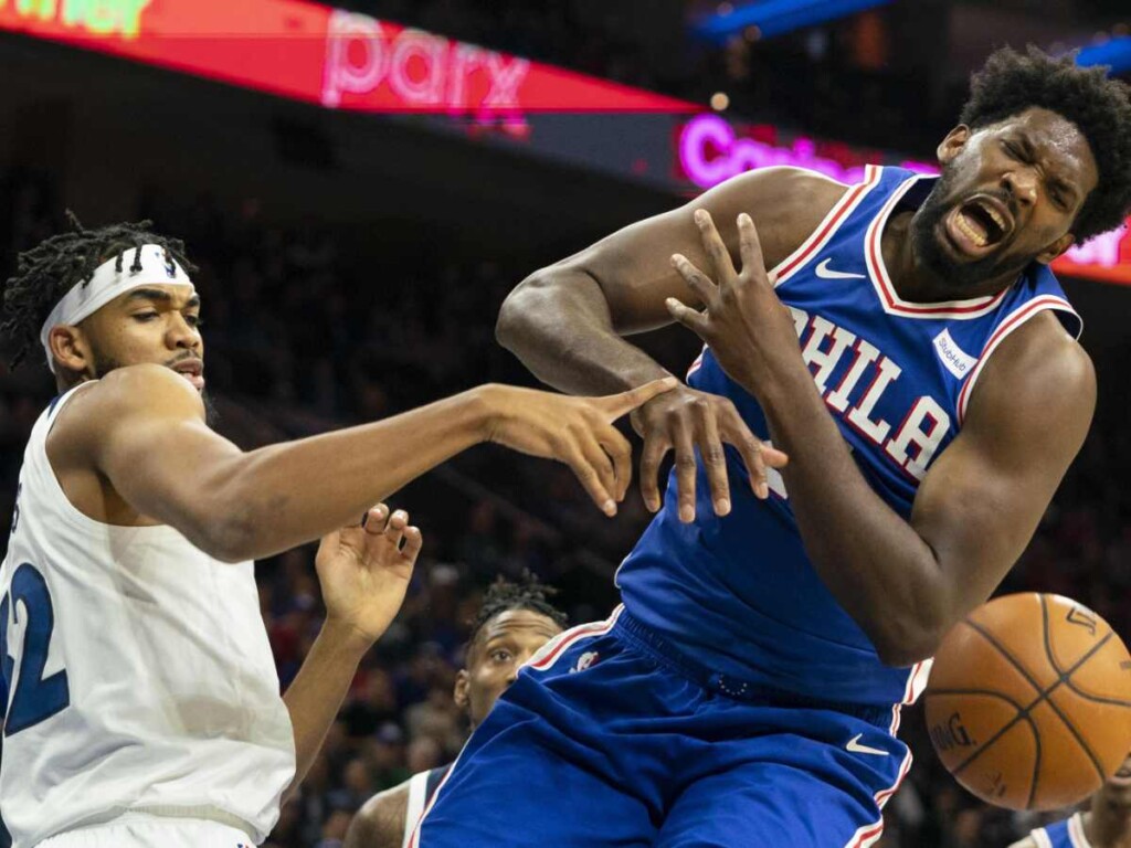 Embiid in action for the Philadelphia 76ers where he was fouled by KAT.