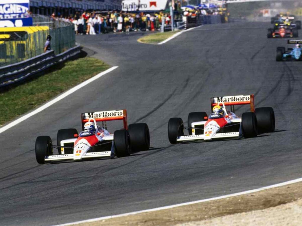 Alain Prost and Ayrton Senna driving the McLaren MP4/4