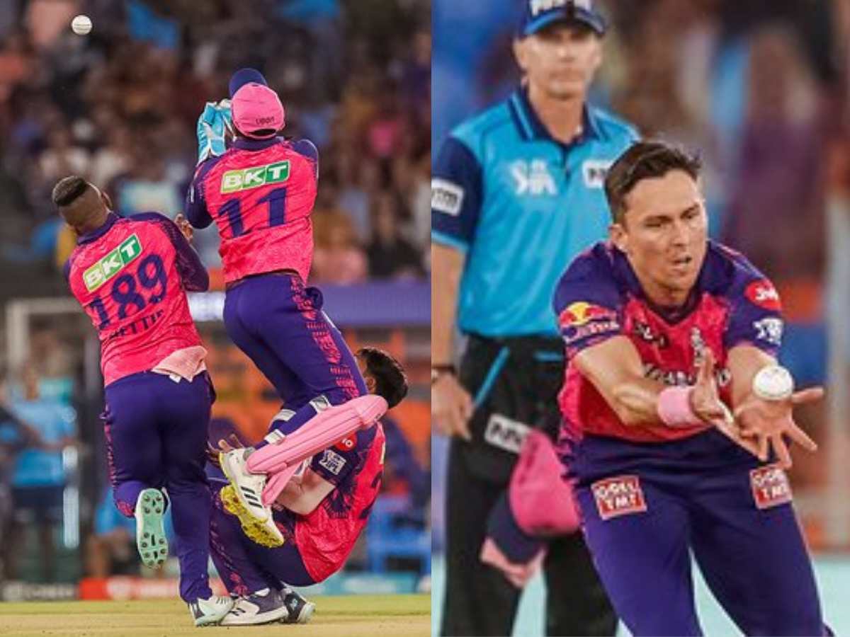 WATCH: Comedy of errors as 3 RR players collide before Trent Boult pouches bizarre caught & bowled