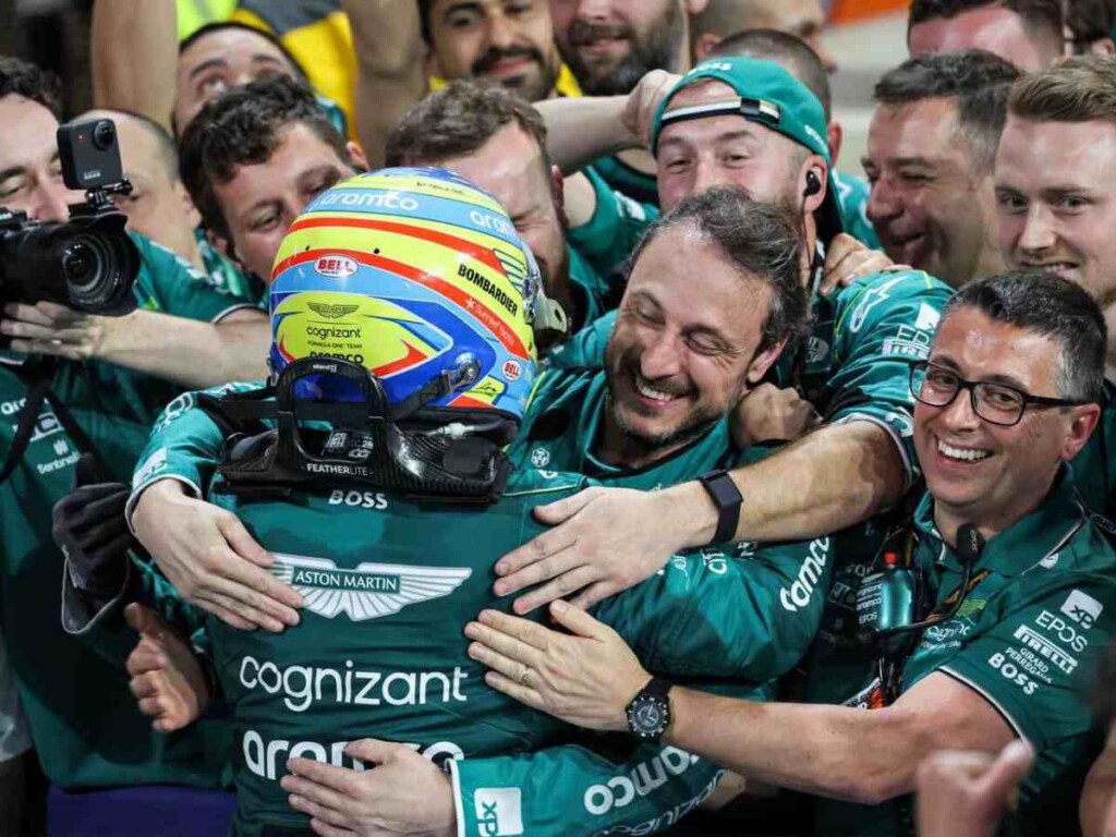 Aston Martin team celebrating the Saudi Arabian GP podium