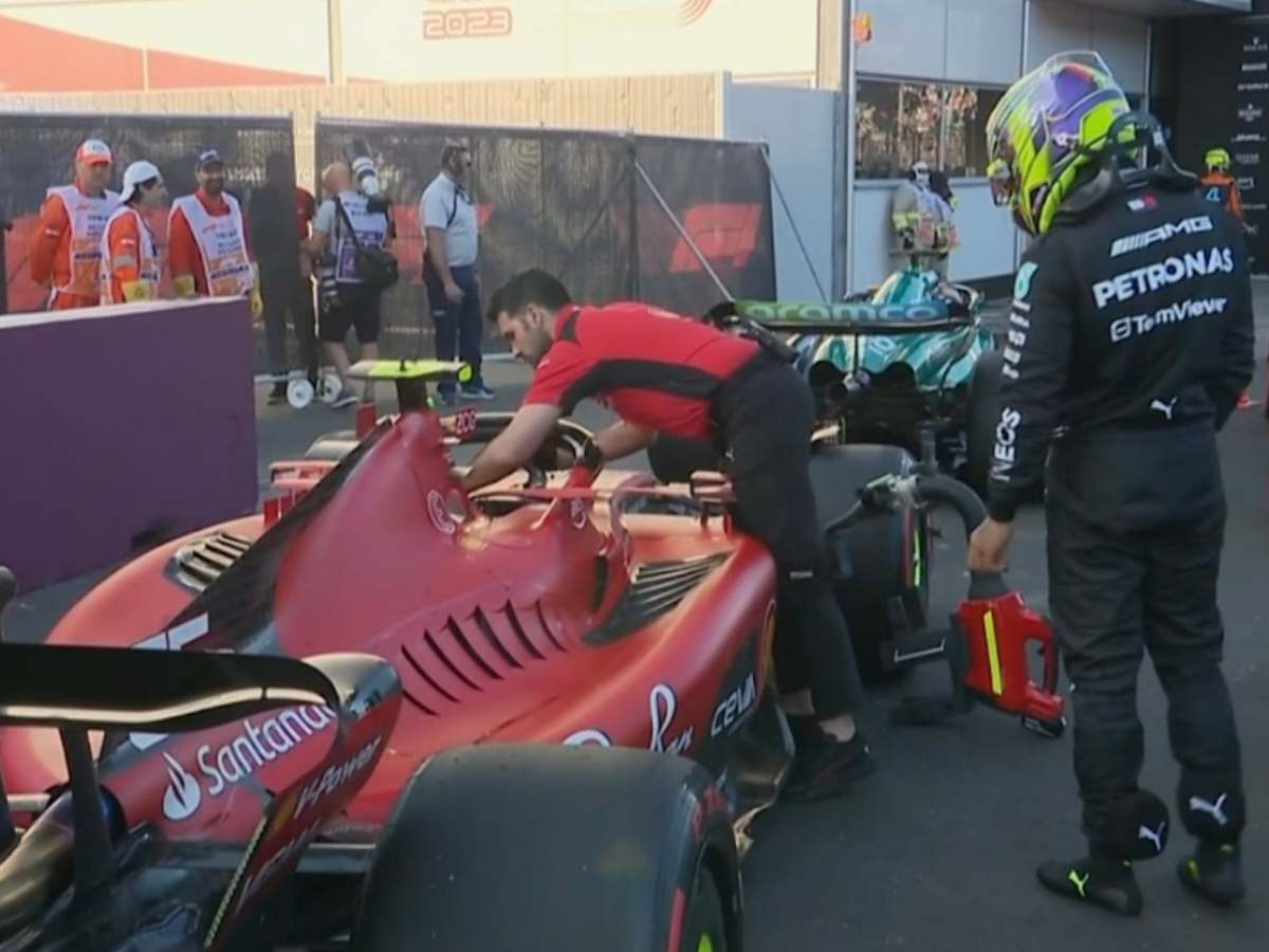 F1 Azerbaijan GP- WATCH: “He doesn’t have Seb’s aura”  Fans react as Lewis Hamilton inspects Charles Leclerc’s Ferrari after the Monegasque’s surprise Pole