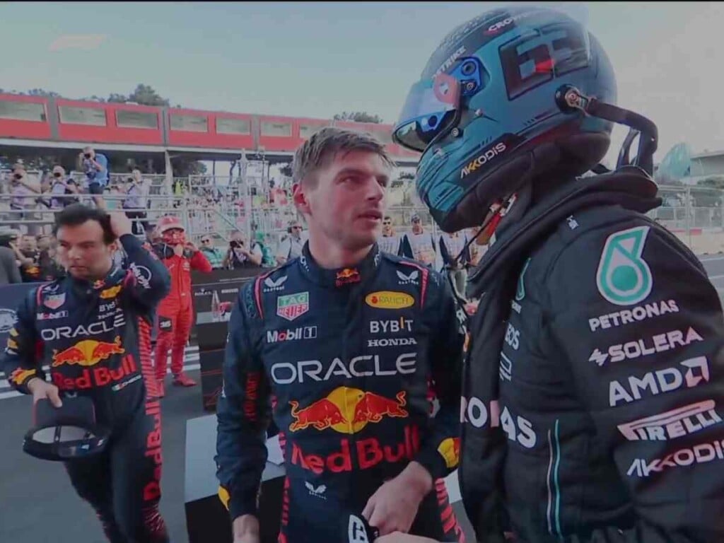 Max Verstappen confronting George Russell after the Azerbaijan GP Sprint