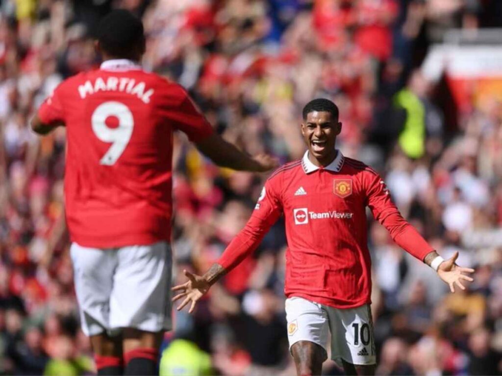 Marcus Rashford Anthony Martial celebrating goal vs Everton