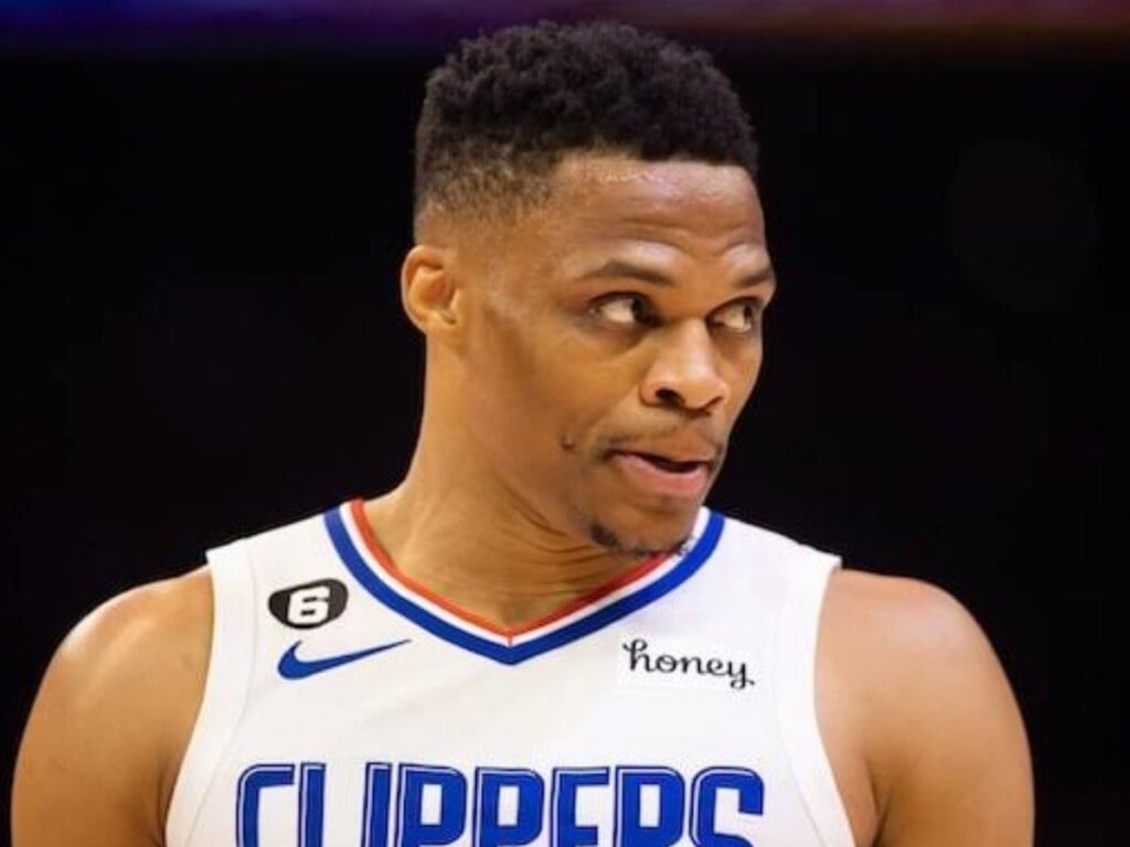 Russell Westbrook after blocking Devin Booker (Image via Mark J. Rebilas-USA TODAY sports)