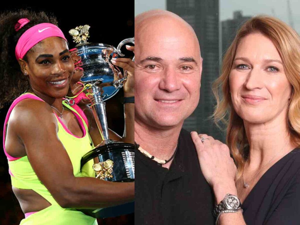 Serena Williams with Australian Open trophy, Andre Agassi and Steffi Graf (Image Credit: FirstSportz)
