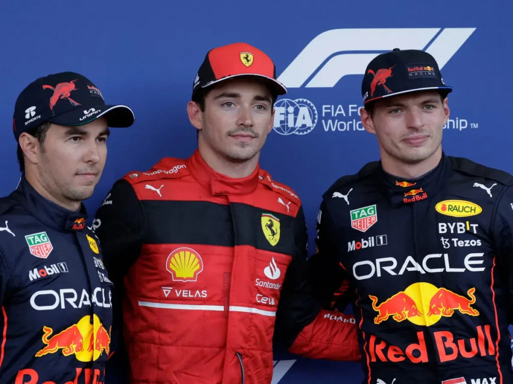 Sergio Perez Charles Leclerc and Max Verstappen via the Guardian