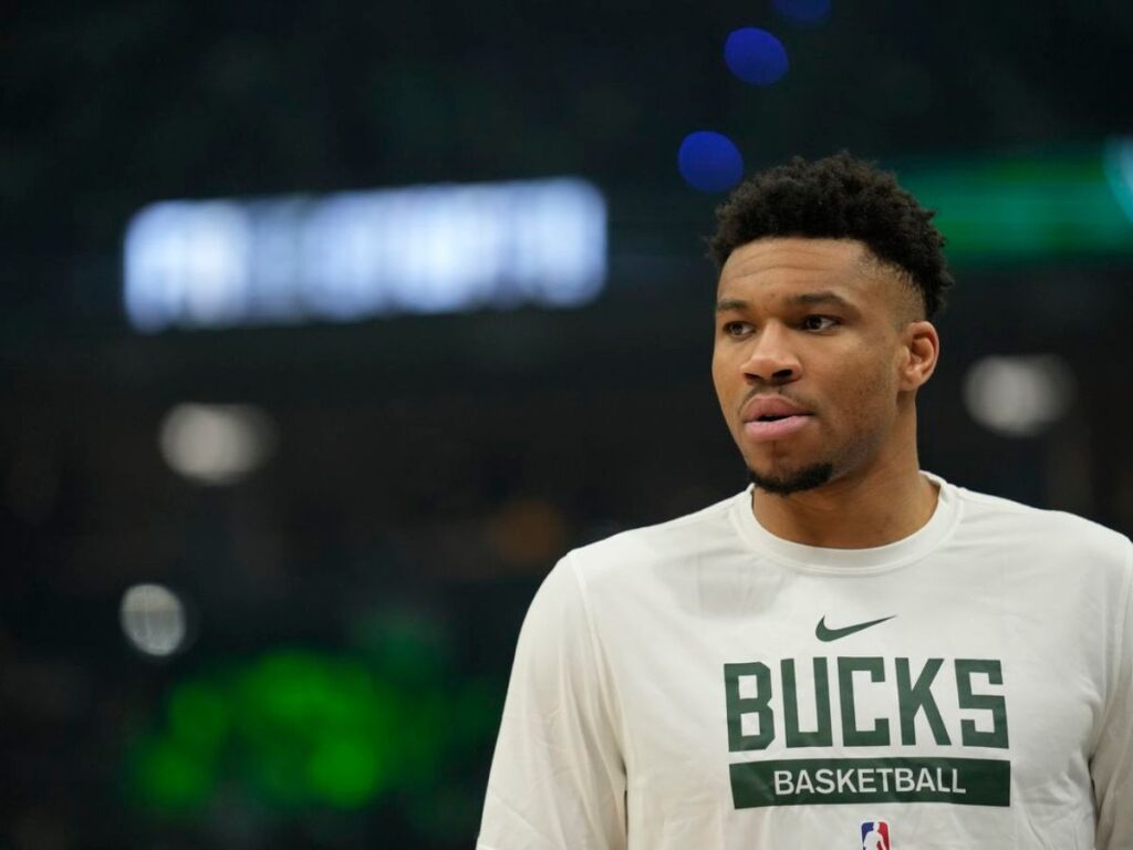 Giannis Antetokounmpo during the first round of NBA 2023 playoffs (Photo by Patrick McDermott/Getty Images)