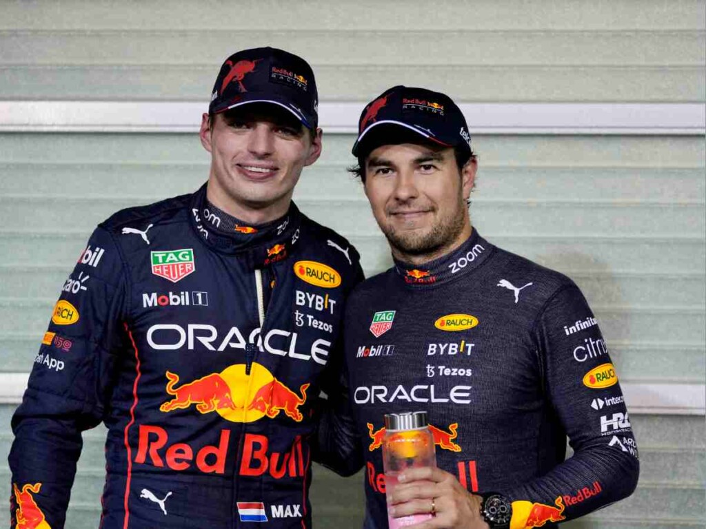 Max Verstappen (L) and Sergio Perez (R)