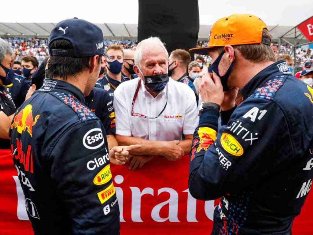 Helmut Marko with Sergio Perez and Max Verstappen