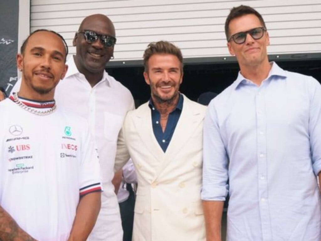 Lewis Hamilton, Michael Jordan, David Beckham and Tom Brady at the 2022 Miami Gp