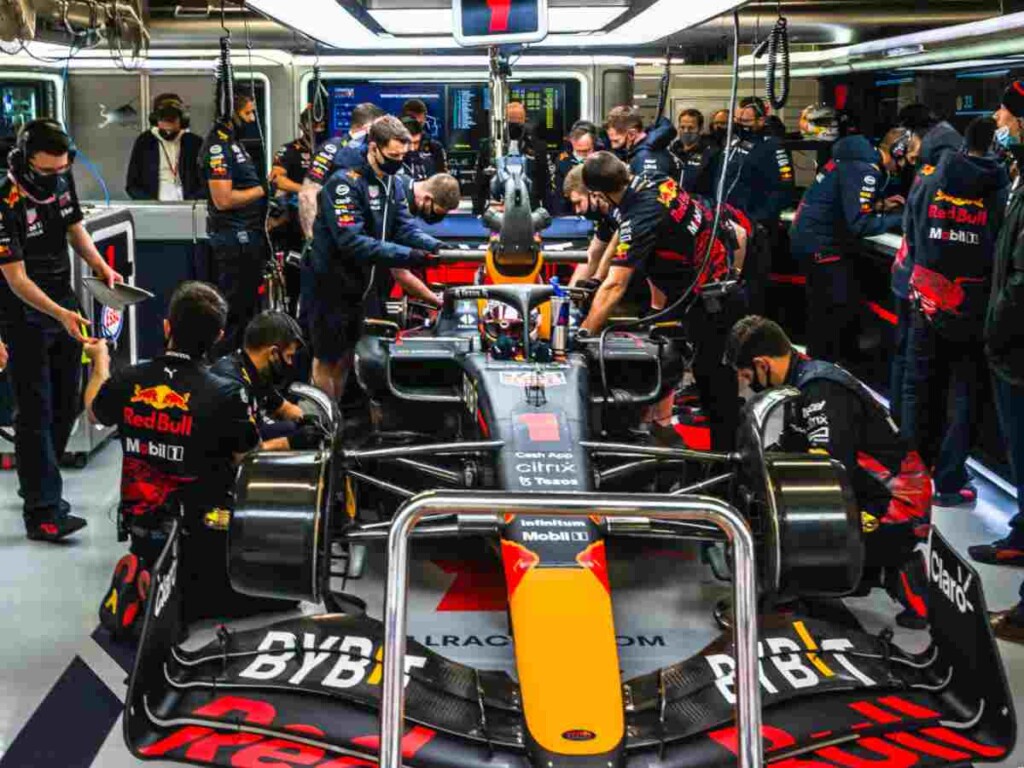 Red Bull employees working on the RB18