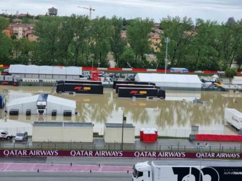 The flooded F1 paddock at the Imola GP, image via Twitter