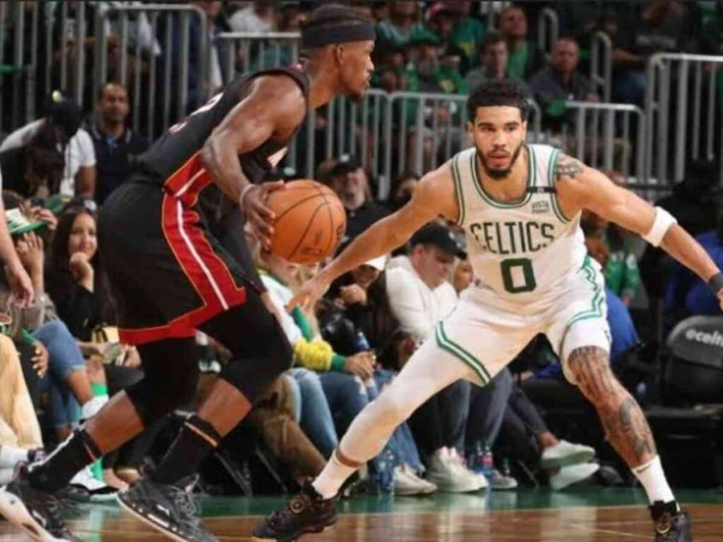 Miami Heat's Jimmy Butler guarded by Boston Celtics' Jayson Tatum (Credits: NBC Sports)