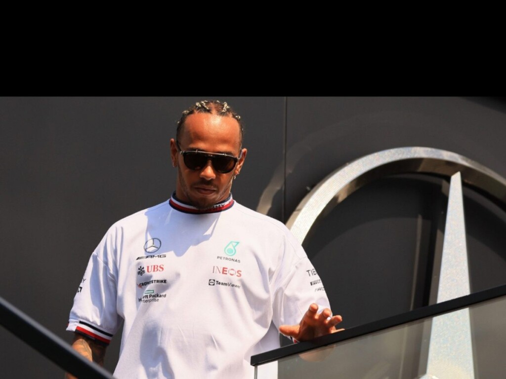 Lewis Hamilton outside Mercedes hospitality