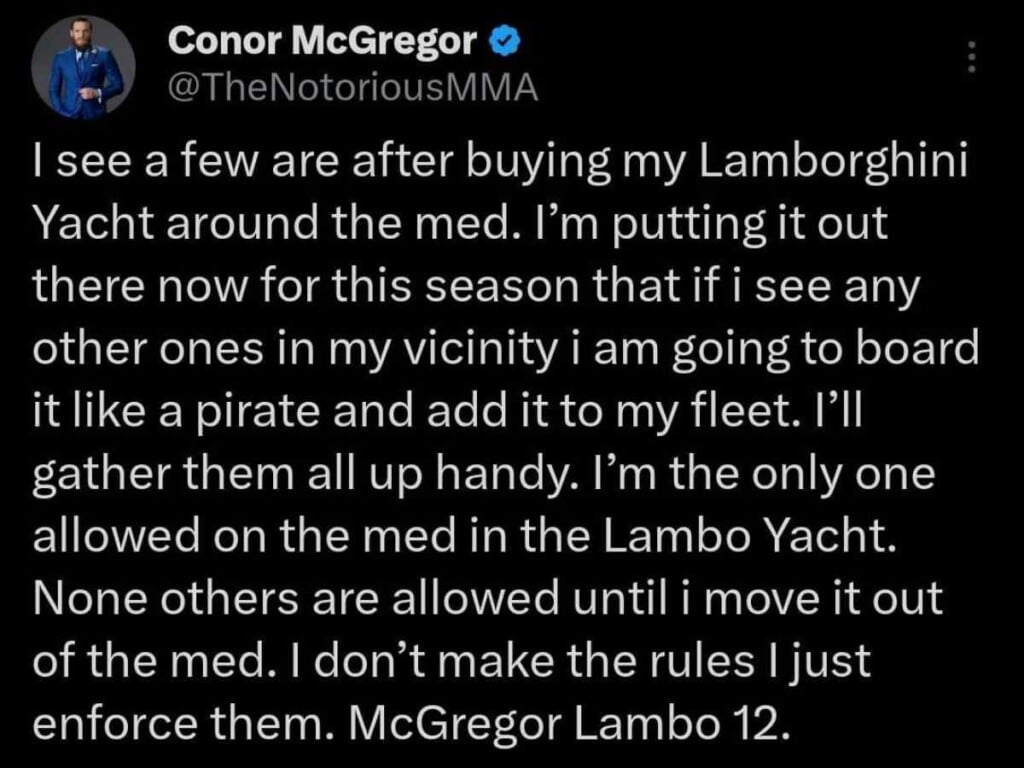 Conor Mcgregor gave warning to Lamborghini yacht owners