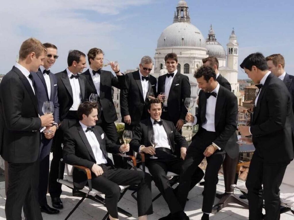 Scotty James' groomsmen including Daniel Ricciardo and Lance Stroll, image via Instagram