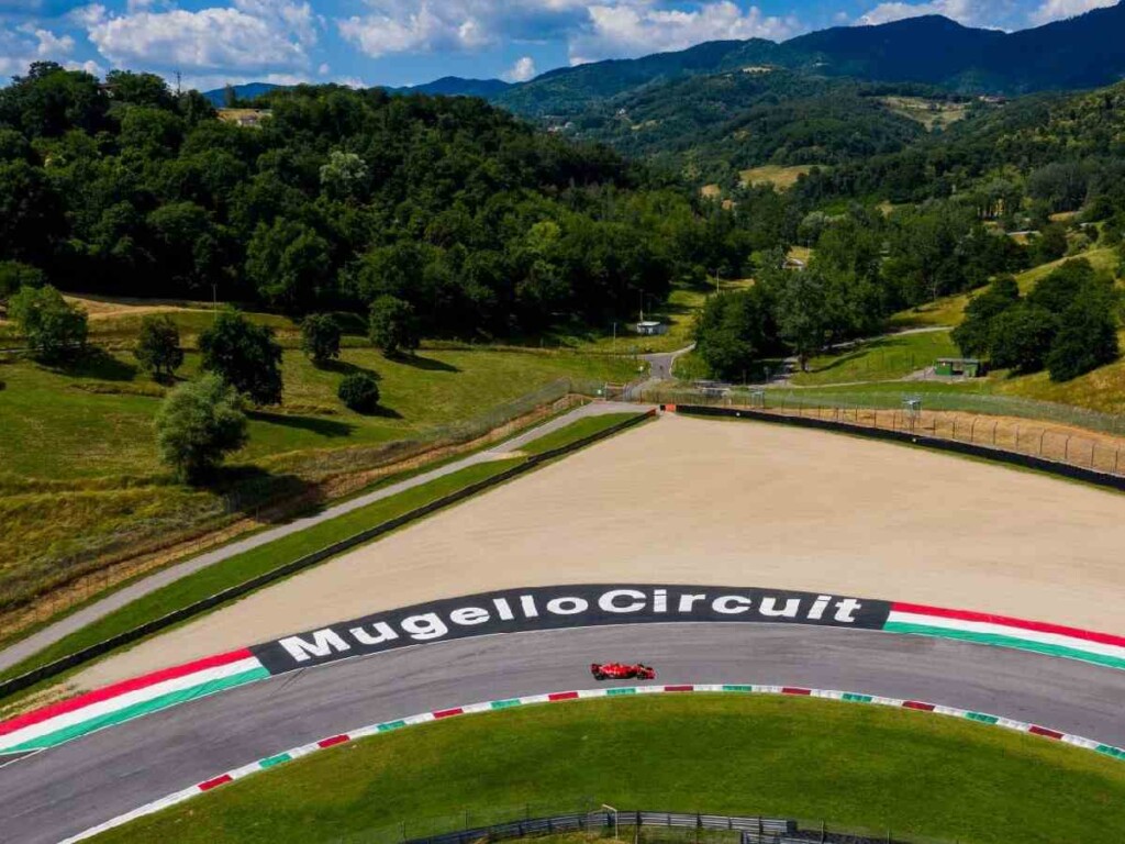 A bird's eye view of the Mugello circuit with Charles Leclerc on-track, image via TopGear