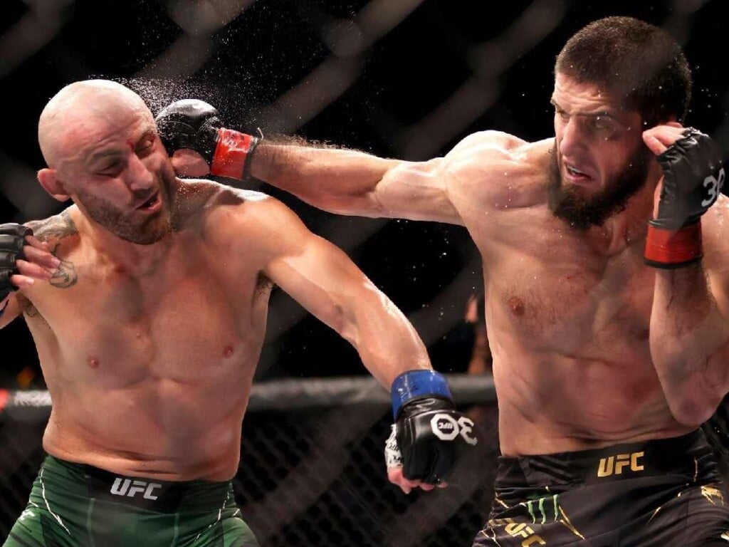 Islam Makhachev and Alexander Volkanvoski after their bout