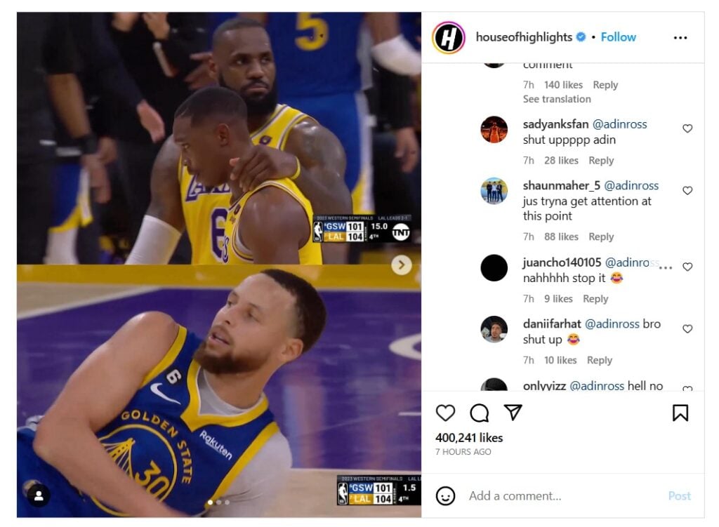 “Andrew Tate D**rider” Adin Ross bashed on Instagram for labeling Lakers vs Warriors game 4 best since 2016 NBA Finals