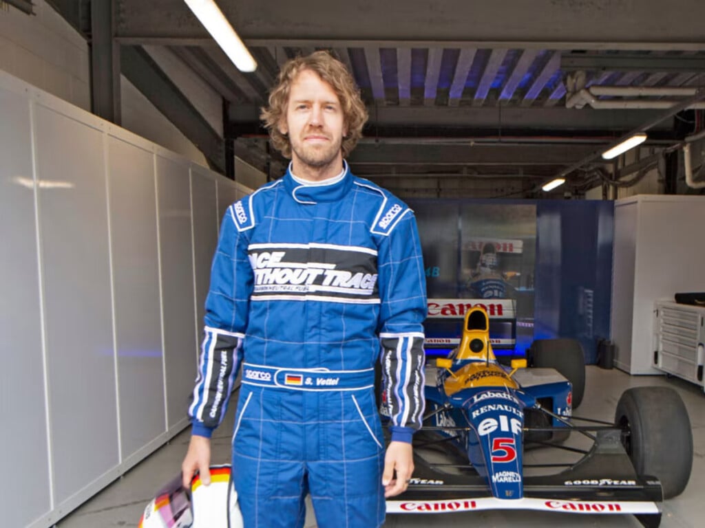 Sebastian Vettel with Nigel Mansell's sustainable fuel-run Williams FW14B (Credits: The Independent)