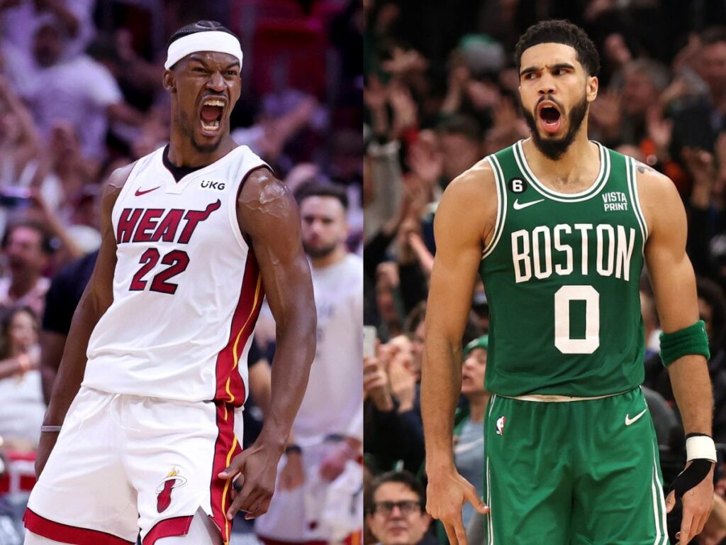 Jimmy Butler (L- Image via Megan Briggs/Getty Images) and Jayson Tatum (R- Image via @jaytatum0/Twitter)