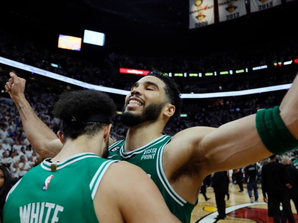 Derrick White and Jayson Tatum celebrating after game 6 win against the Heat in Eastern Conference Finals (Via USA Today Sports)