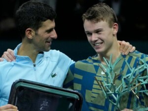 Holger Rune (right) shocked Novak Djokovic to win the Paris Masters