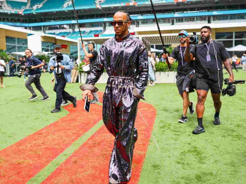 Lewis Hamilton in the Miami GP paddock in 2023, image via PlanetF1