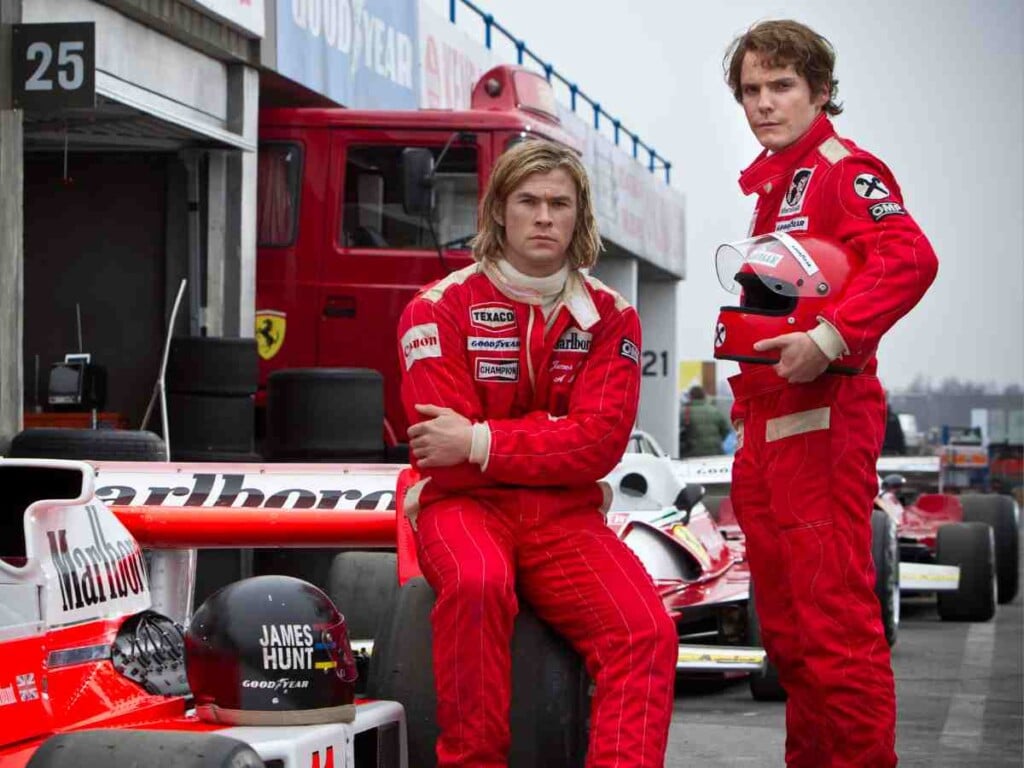 Chris Hemsworth and Daniel Bruhl in the film Rush (image via IMDb)