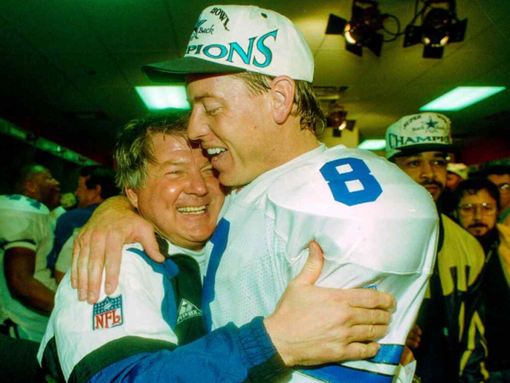 Troy Aikman with Cowboys head coach Jimmy Johnson