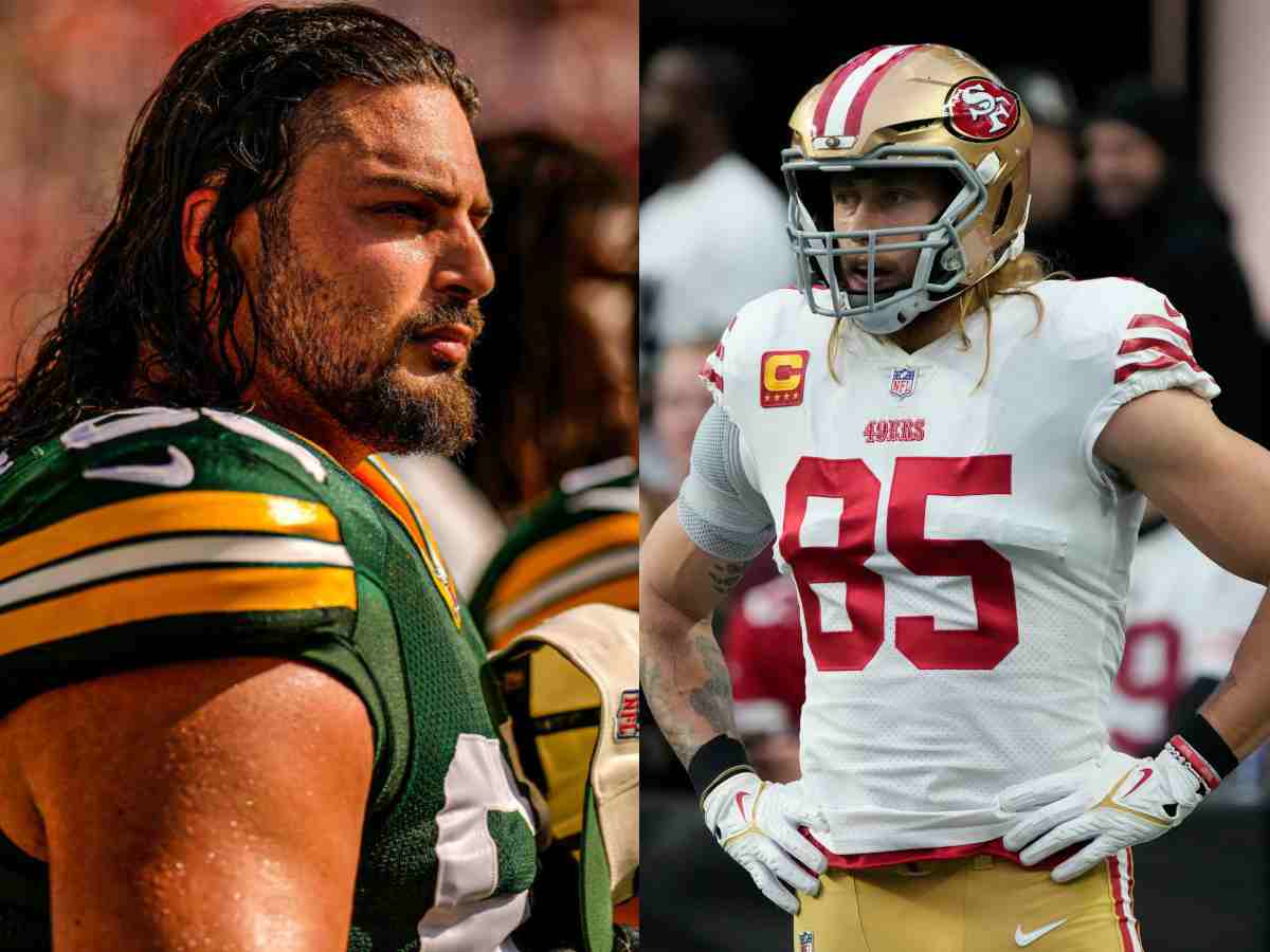 WATCH: “Dude is a machine” – Packers OT David Bakhtiari DEMOLISHES George Kittle in a sensational beer chug off