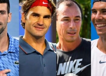 Novak Djokovic, Roger Federer, Jean-Rene Lisnard and Rafael Nadal