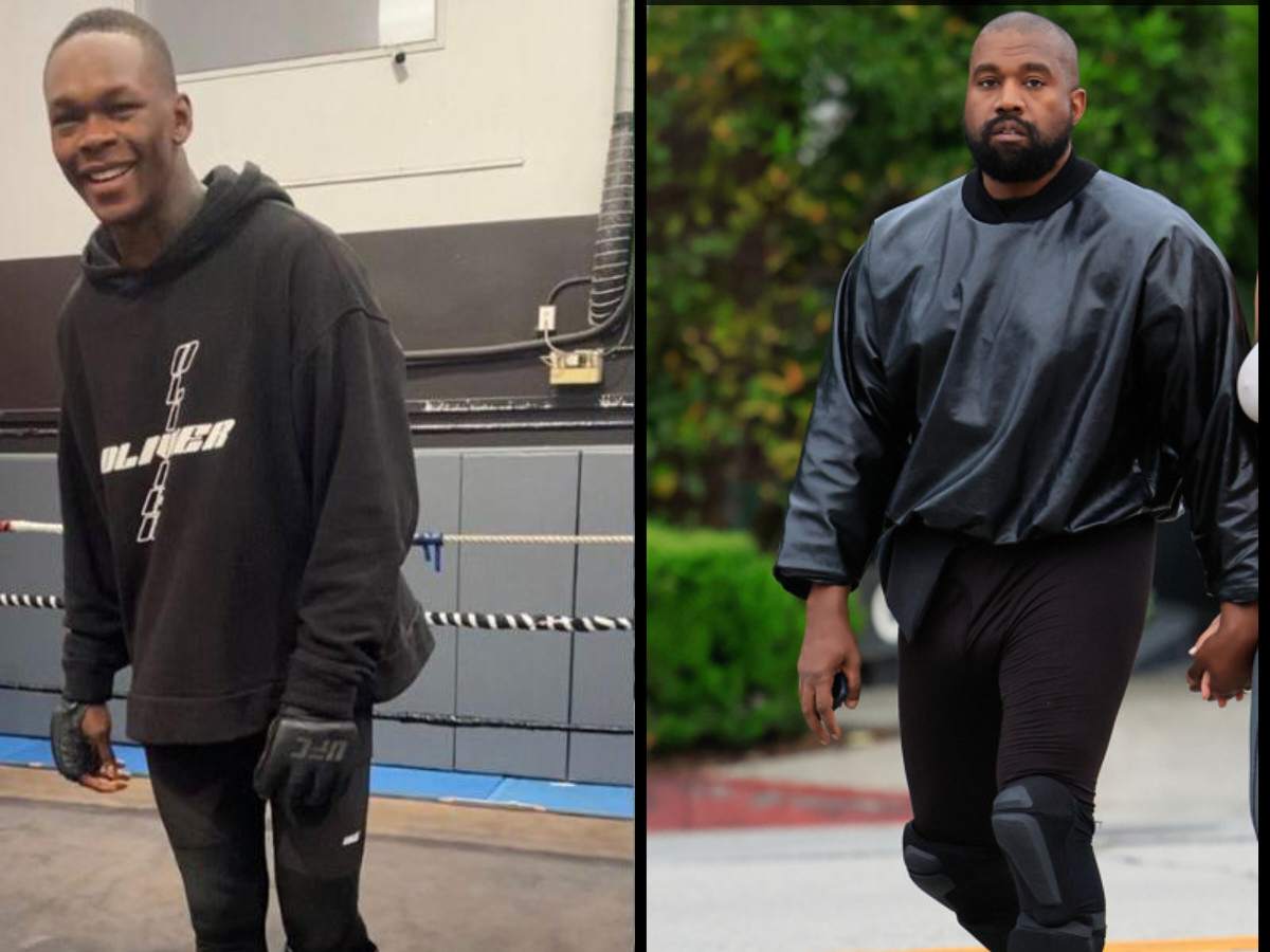 “Half dressed power Ranger” – Fans react as Israel Adesanya sports viral Kanye West kickboxing shinpads in latest picture