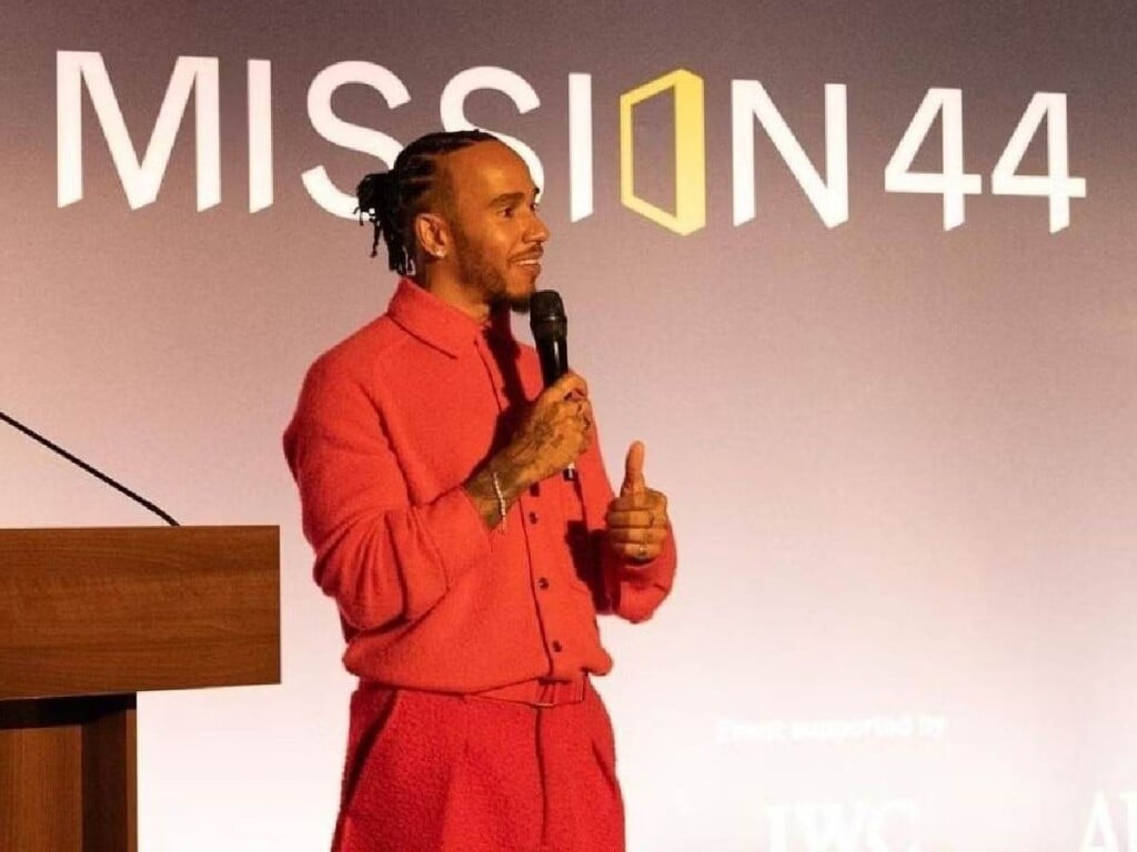 Lewis Hamilton speaking about Mission 44 (image via The Sportrush)